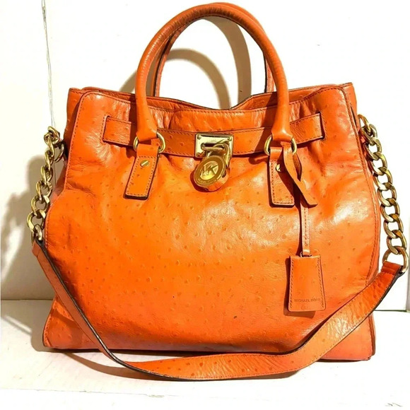 Michael kors orange ostrich embossed leather shoulder handbag - Picture 2 of 10